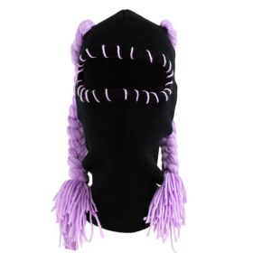 Double Ponytail Hat Wig Adult Autumn And Winter Warm Pullover Cap Festival Funny Knitted Hat (Option: Black And Purple Braid-56 59cm Adult)